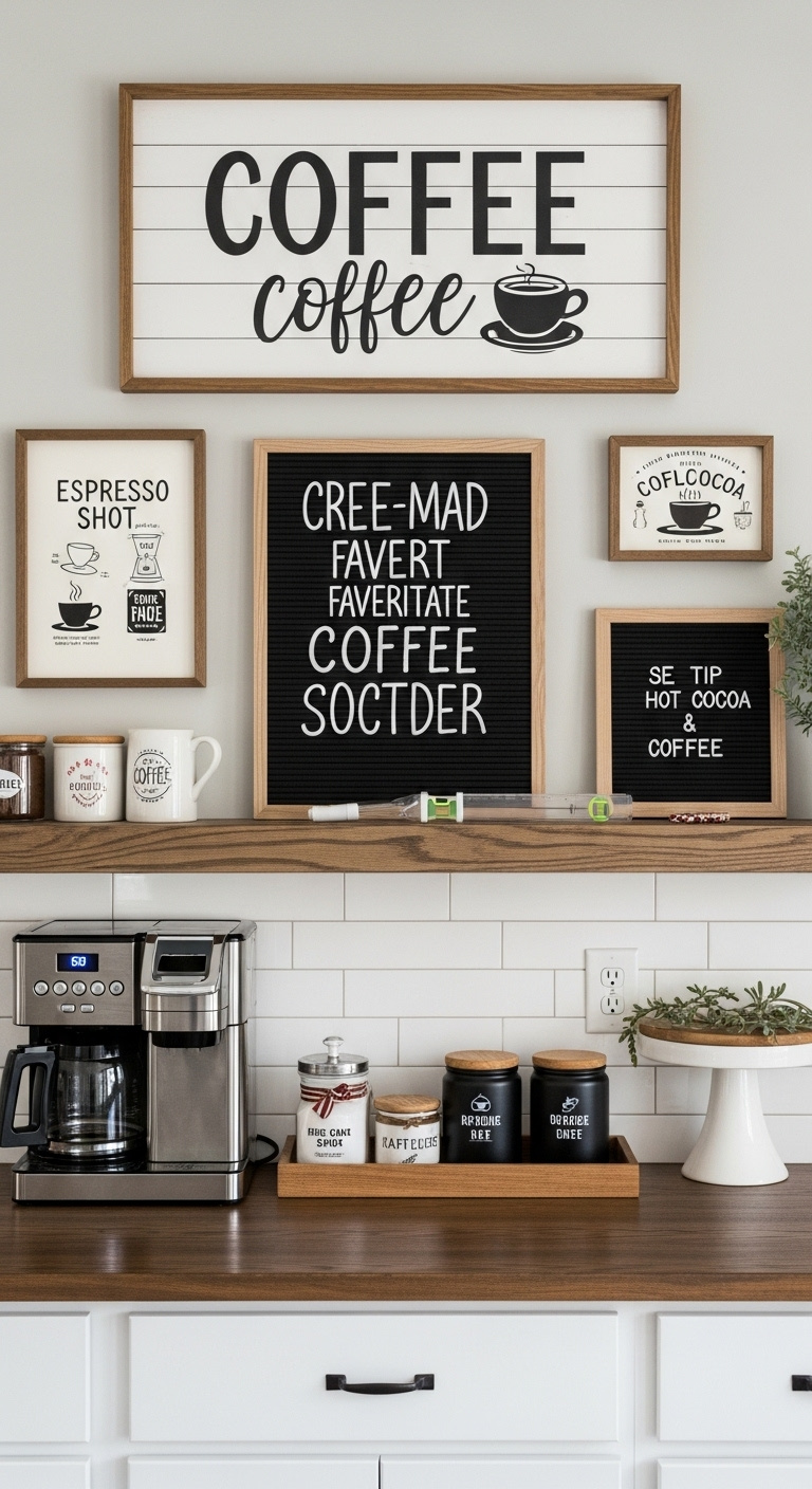 Rustic wall-mounted coffee sign reads But First Coffee on shiplap for farmhouse coffee bar