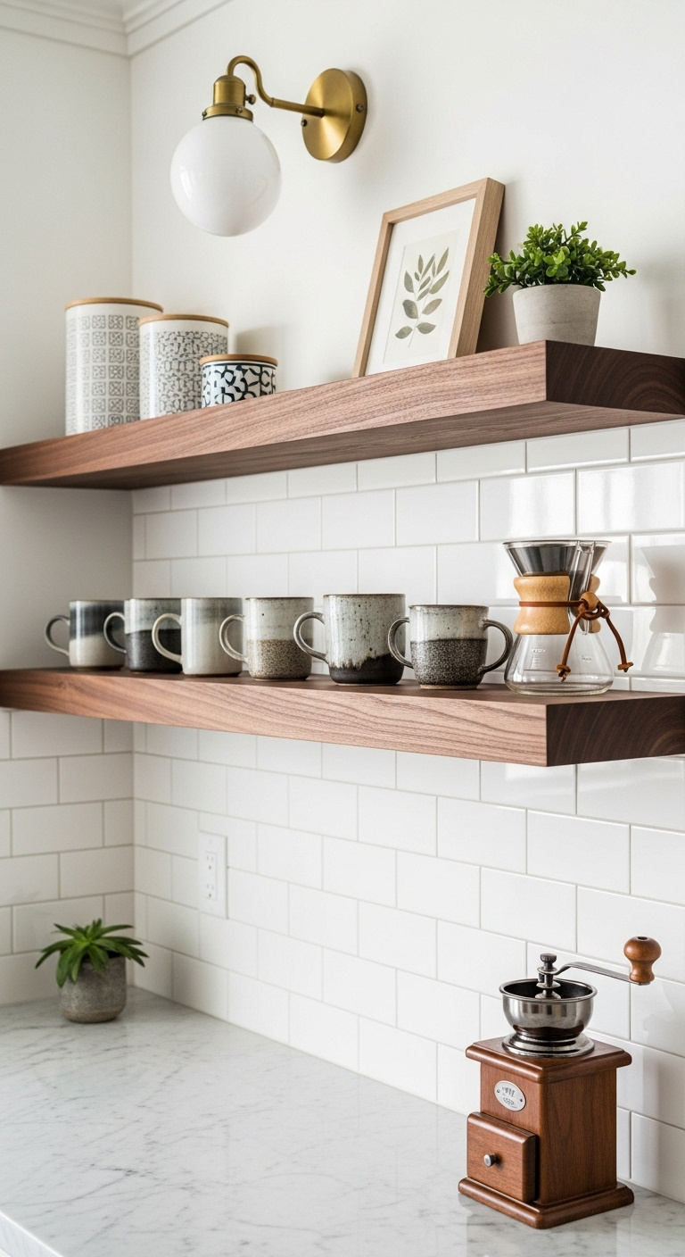 Rustic walnut floating shelves on white subway tile wall with artisan mugs pour-over coffee maker canisters and framed art print