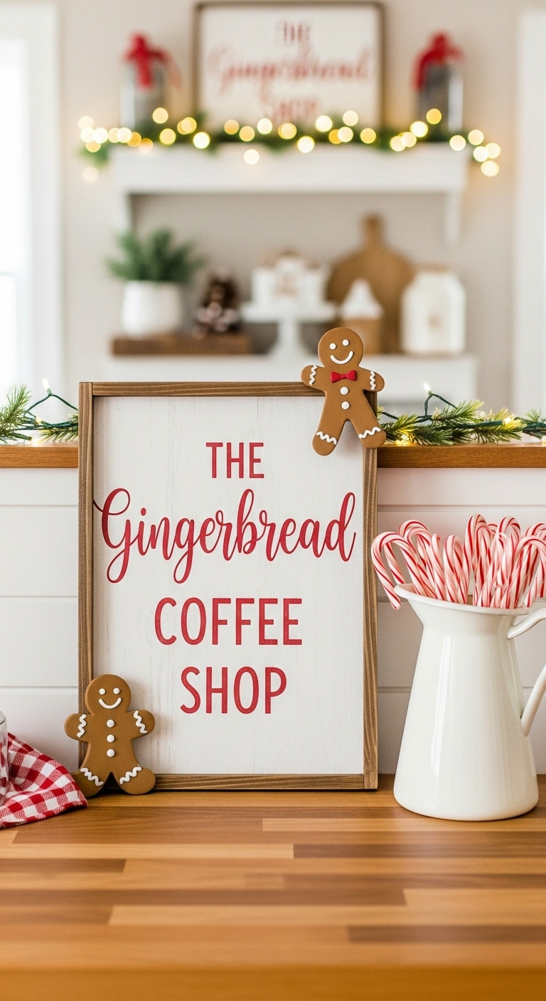 Rustic white wooden sign reading The Gingerbread Coffee Shop leaning against a wall behind a coffee bar