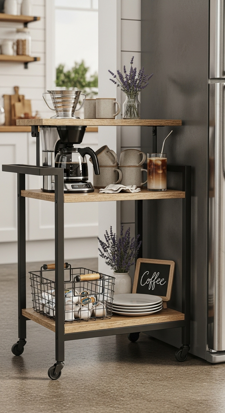 Rustic wood and matte black metal bar cart with vintage drip coffee maker stoneware mugs and coffee pods next to a refrigerator