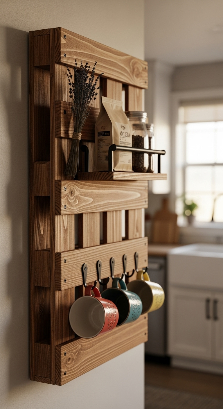 Rustic wood pallet mounted vertically as a coffee organizer with a shelf for coffee beans and hooks holding colorful mugs