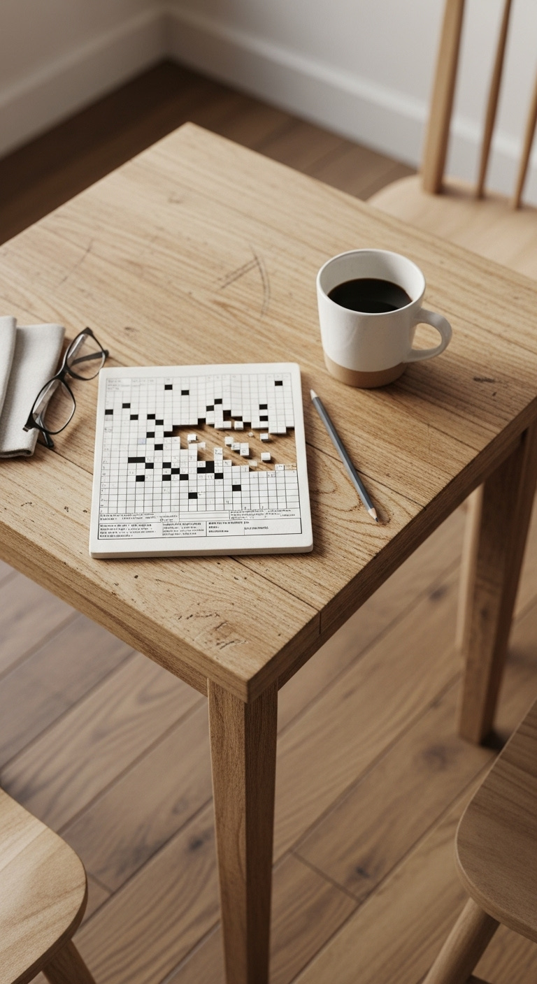 Rustic wooden cafe table with a half-finished crossword puzzle, pencil, ceramic coffee mug, reading glasses, and linen napkin