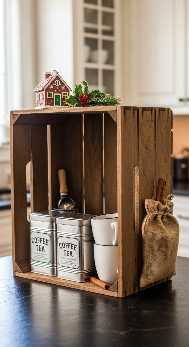 Rustic wooden crate cubby with vintage tin canisters stacked mugs and gingerbread house on a soapstone countertop