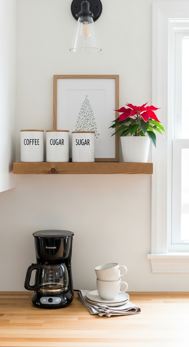 Rustic wooden floating shelf coffee station with canisters poinsettia art print and coffee maker