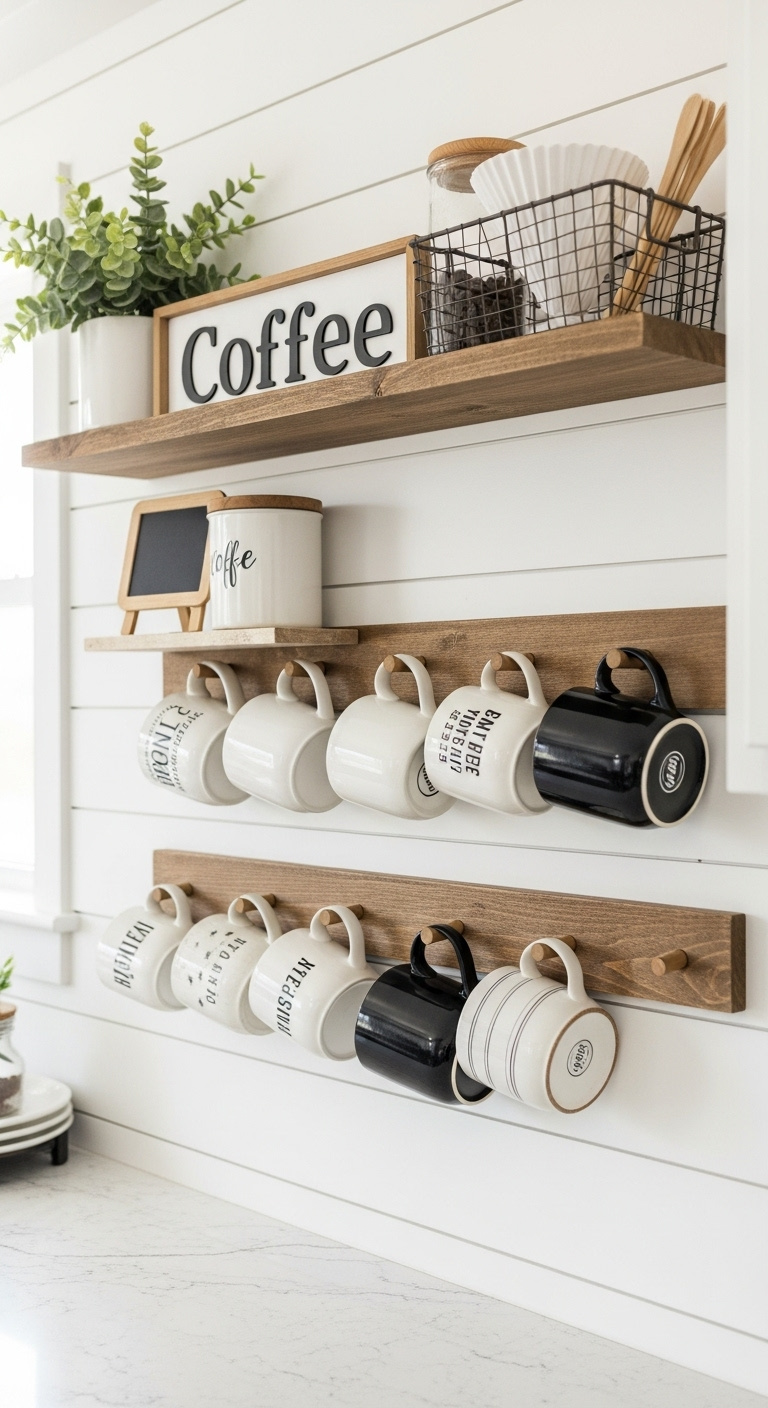 Rustic wooden peg rack on shiplap wall displaying farmhouse mugs with a coffee sign and plant on a floating shelf