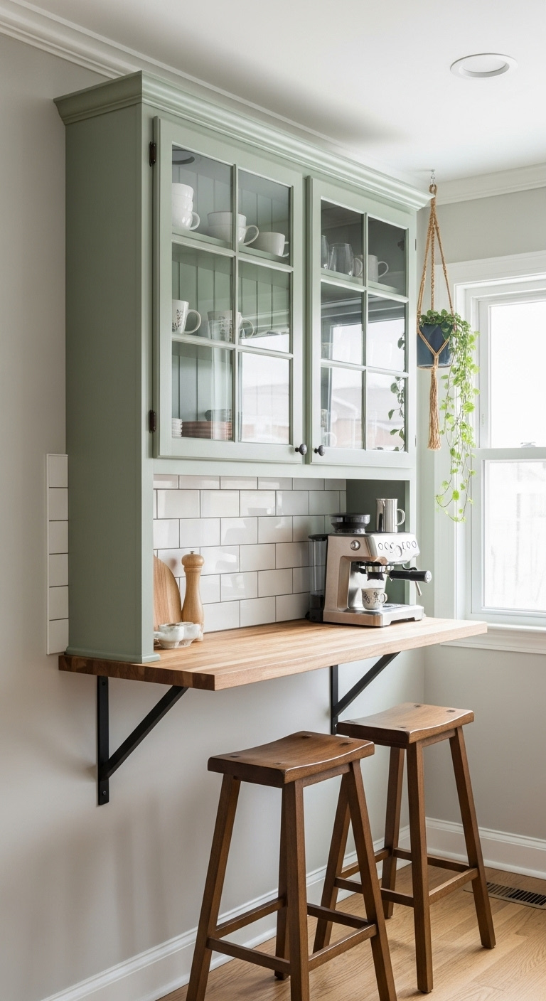 Sage green hutch mounted on a kitchen wall with a slim butcher block countertop and two wooden stools below it