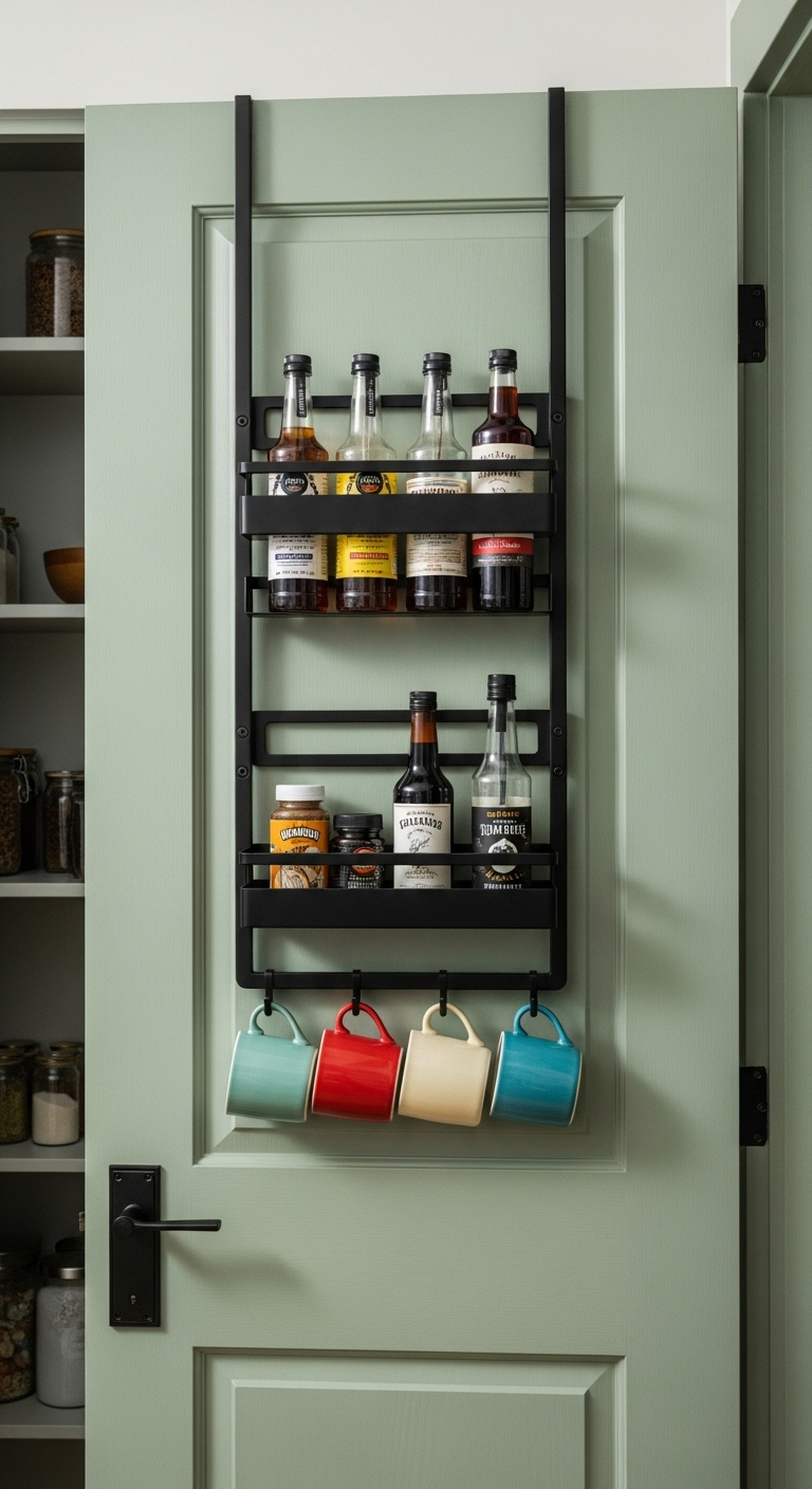 Sage green pantry door with matte black metal organizer rack holding coffee syrups and colorful mugs