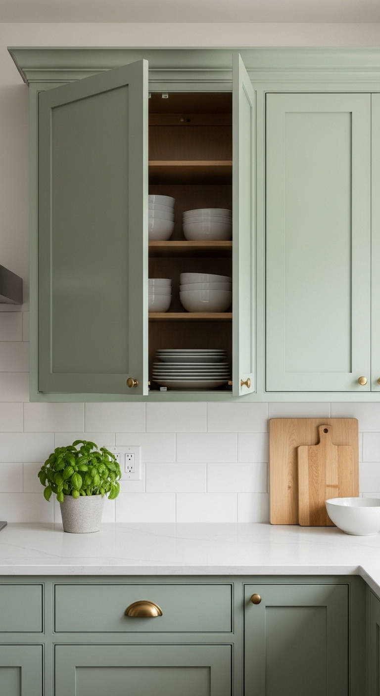 Sage green shaker-style kitchen cabinets with brushed brass knobs revealing white ceramic dishes a potted herb and wood cutting board