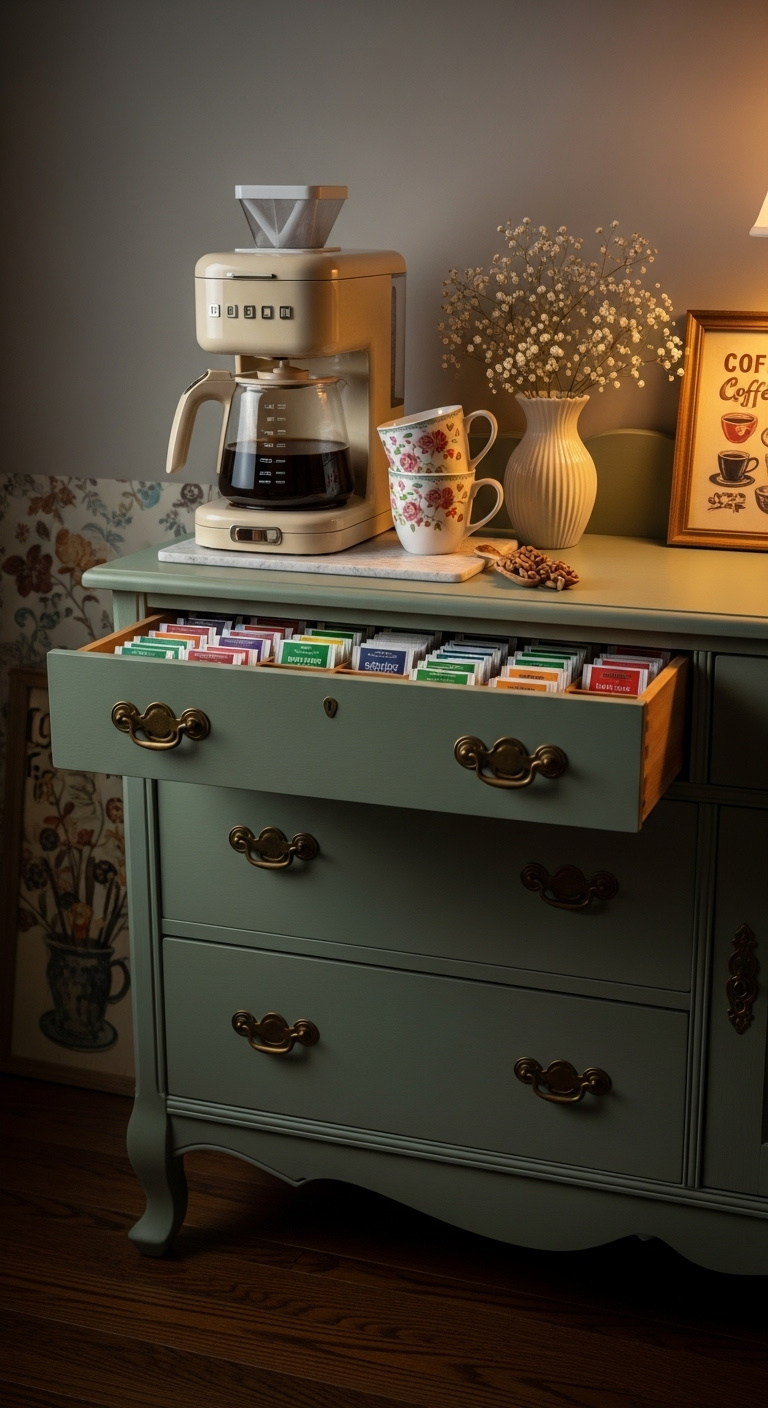 Sage green vintage dresser with brass hardware repurposed as a coffee bar with a cream drip coffee maker floral mugs and open tea drawer