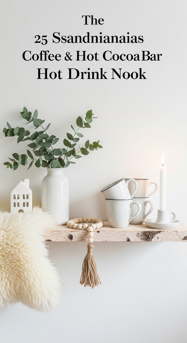 Scandinavian hygge hot drink nook with light natural wood white ceramic sheepskin throw and a wooden bead garland