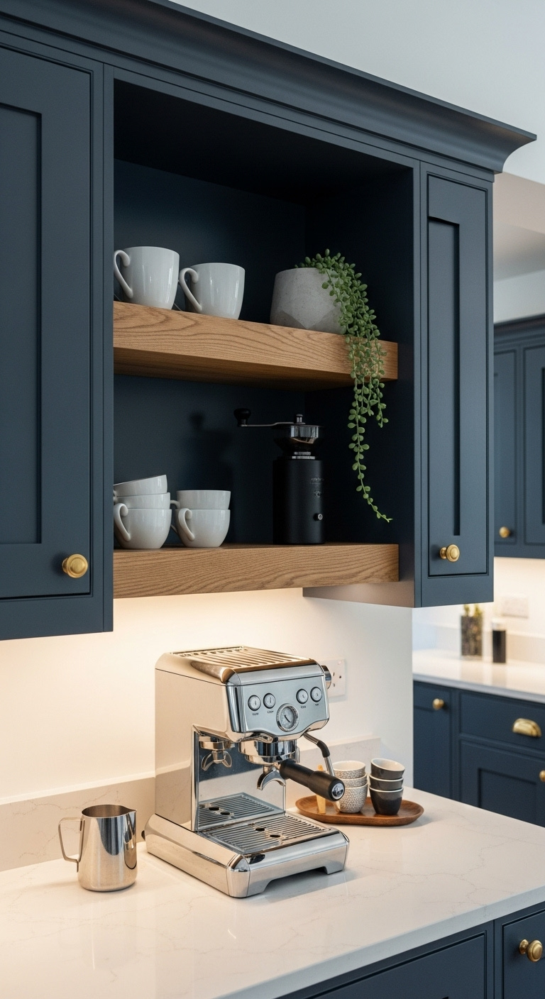 Seamless built-in coffee bar in navy shaker cabinets with oak floating shelves and chrome espresso machine
