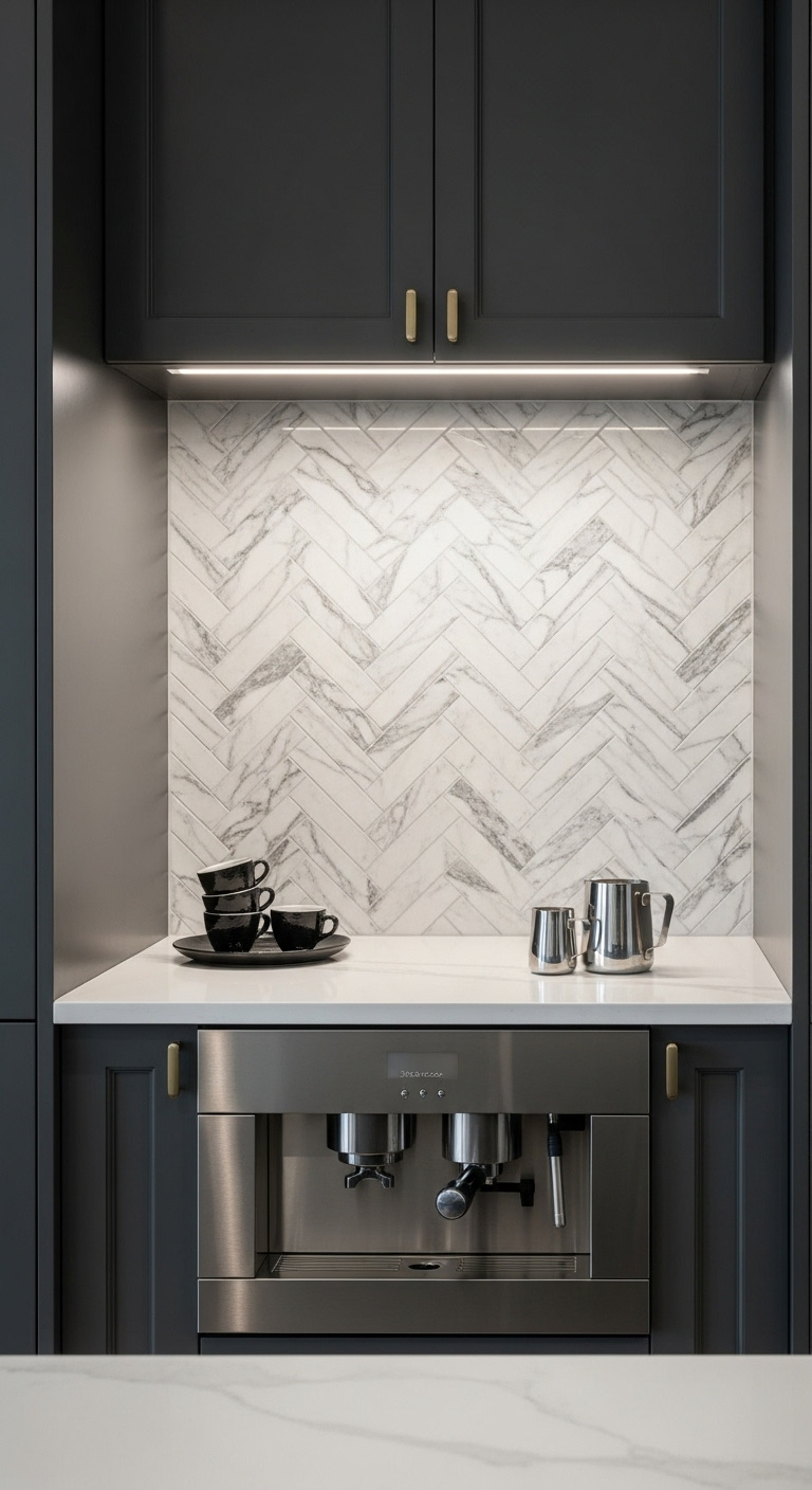 Seamless built-in coffee nook with charcoal cabinetry marble herringbone backsplash and espresso machine
