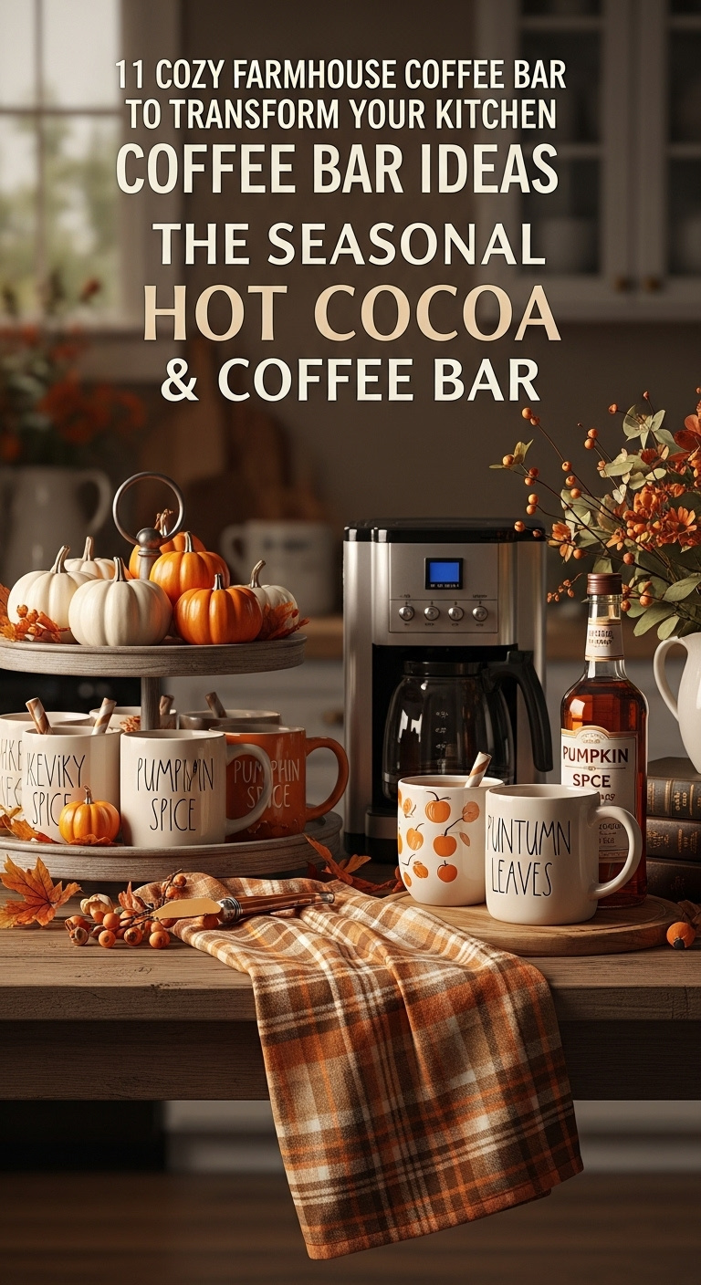 Seasonal hot cocoa and coffee bar decorated for fall with tiered tray pumpkins themed mugs and pumpkin spice syrup