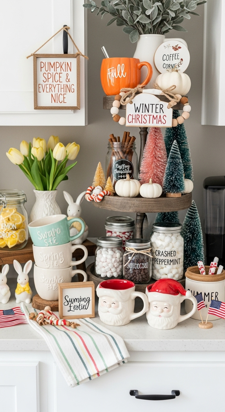 Seasonal hot cocoa and coffee bar with festive mugs themed signs and decor for holidays and seasons