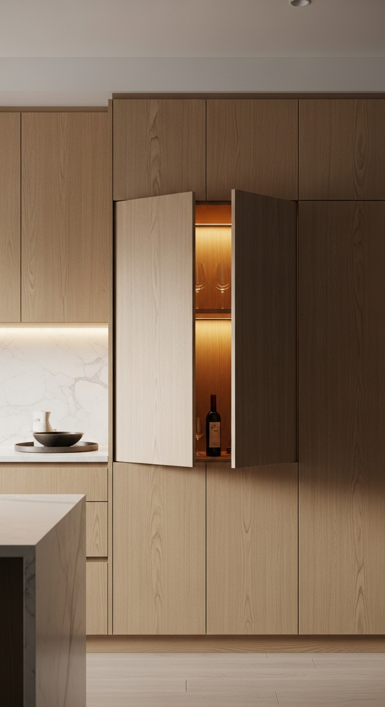 Secret pantry bar with faux light oak cabinetry slightly ajar revealing warm backlighting and wine bottle