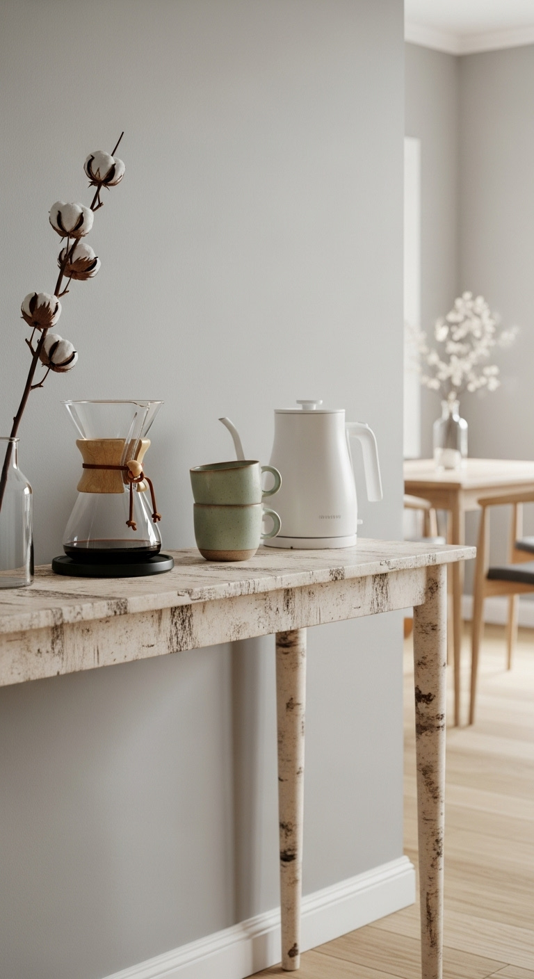 Serene Scandinavian simplicity console with birch wood table Chemex coffee maker and sage green mugs