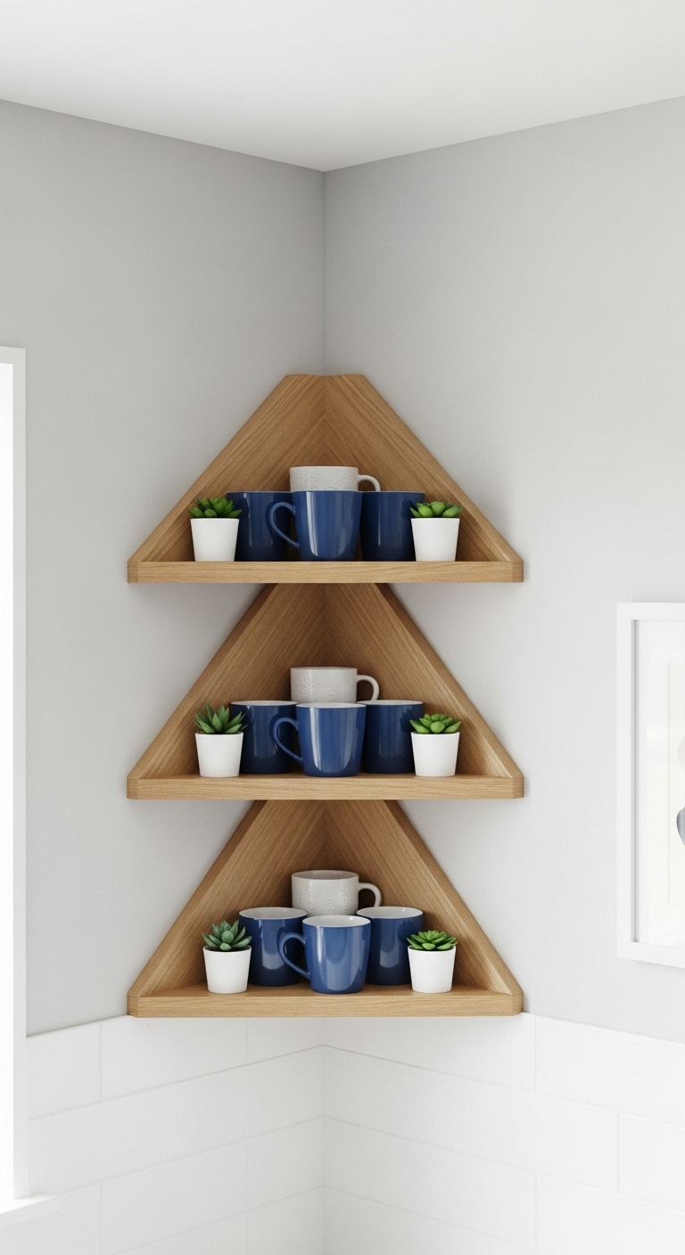 Set of three light oak wood floating corner shelves displaying coordinating blue and white mugs and tiny succulents