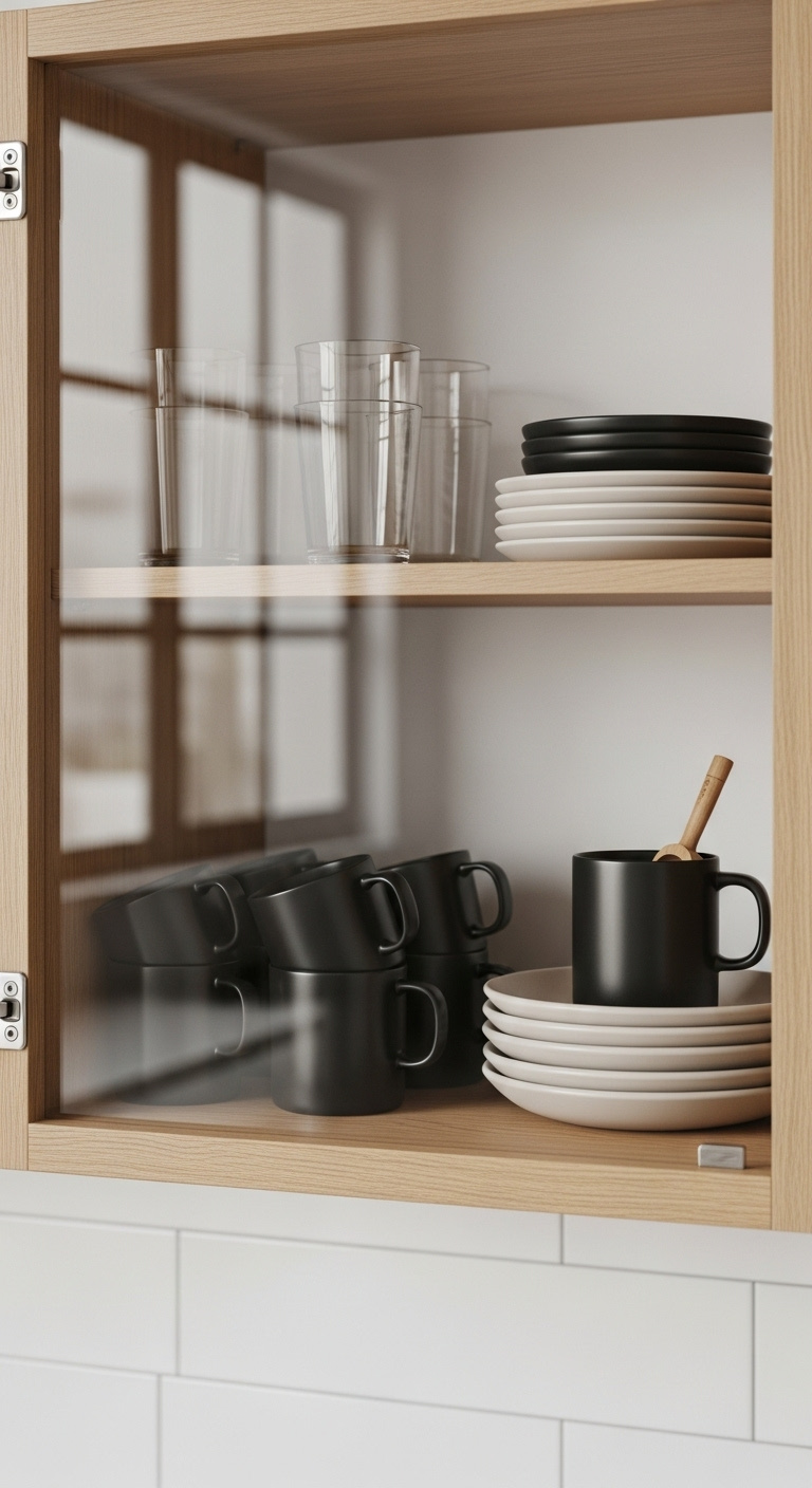 Showcase minimalist Japandi tableware in a glass front cabinet with matte black ceramic mugs beige plates and clear drinking glasses