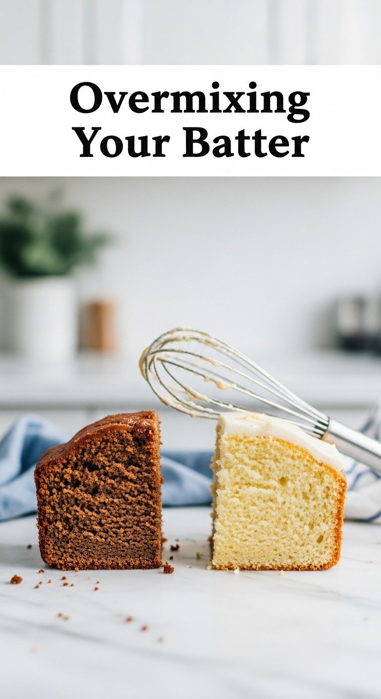 Side by side comparison of dense dry cake slice and moist fluffy coffee cake slice with a whisk on marble countertop