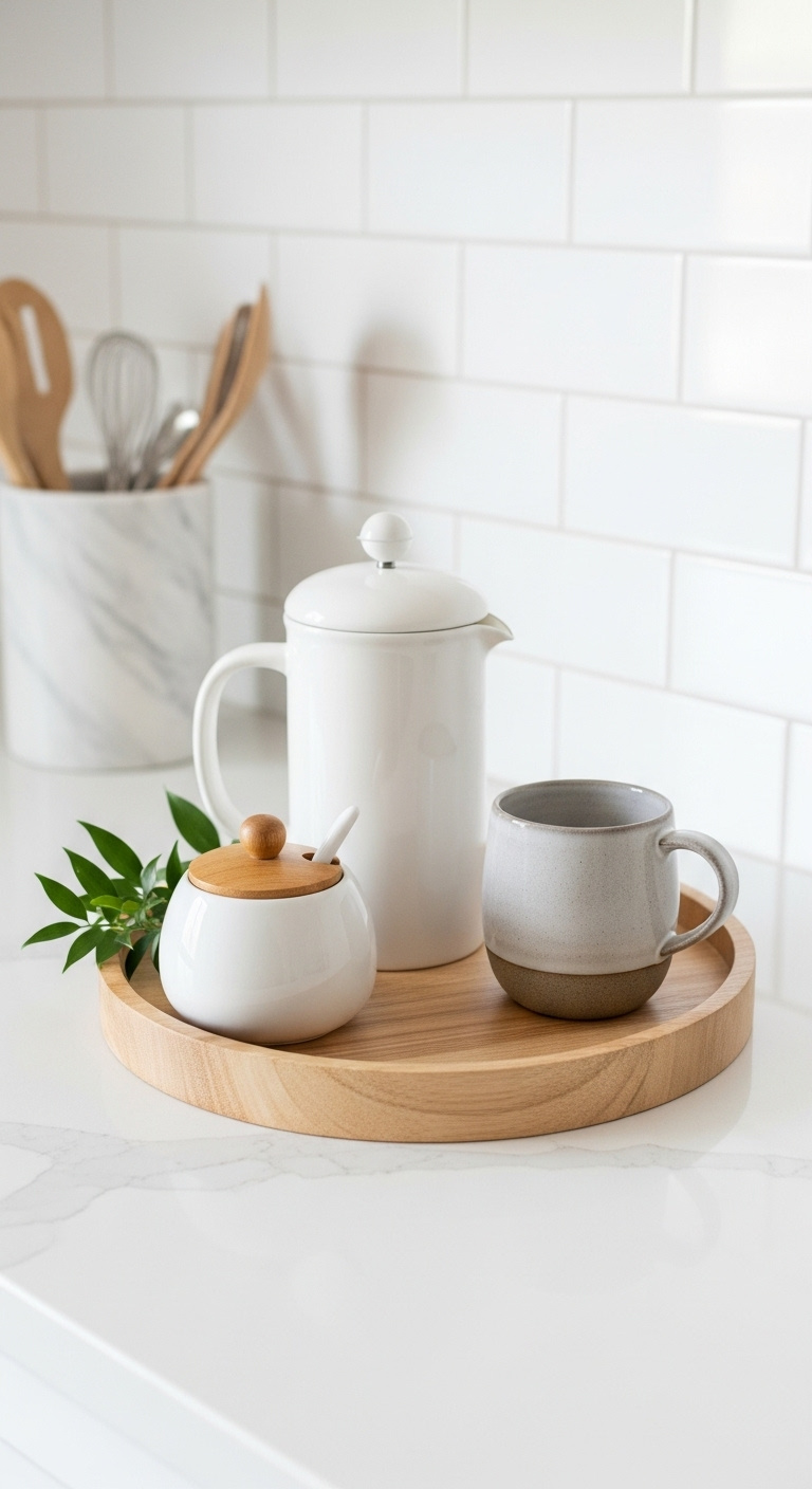 Simple countertop coffee tray with a white French press sugar bowl mug and greenery on a white quartz counter