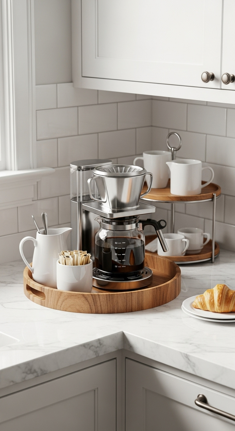 Simple elegant kitchen counter corner coffee station with drip machine sugar creamer and mugs on wood tray