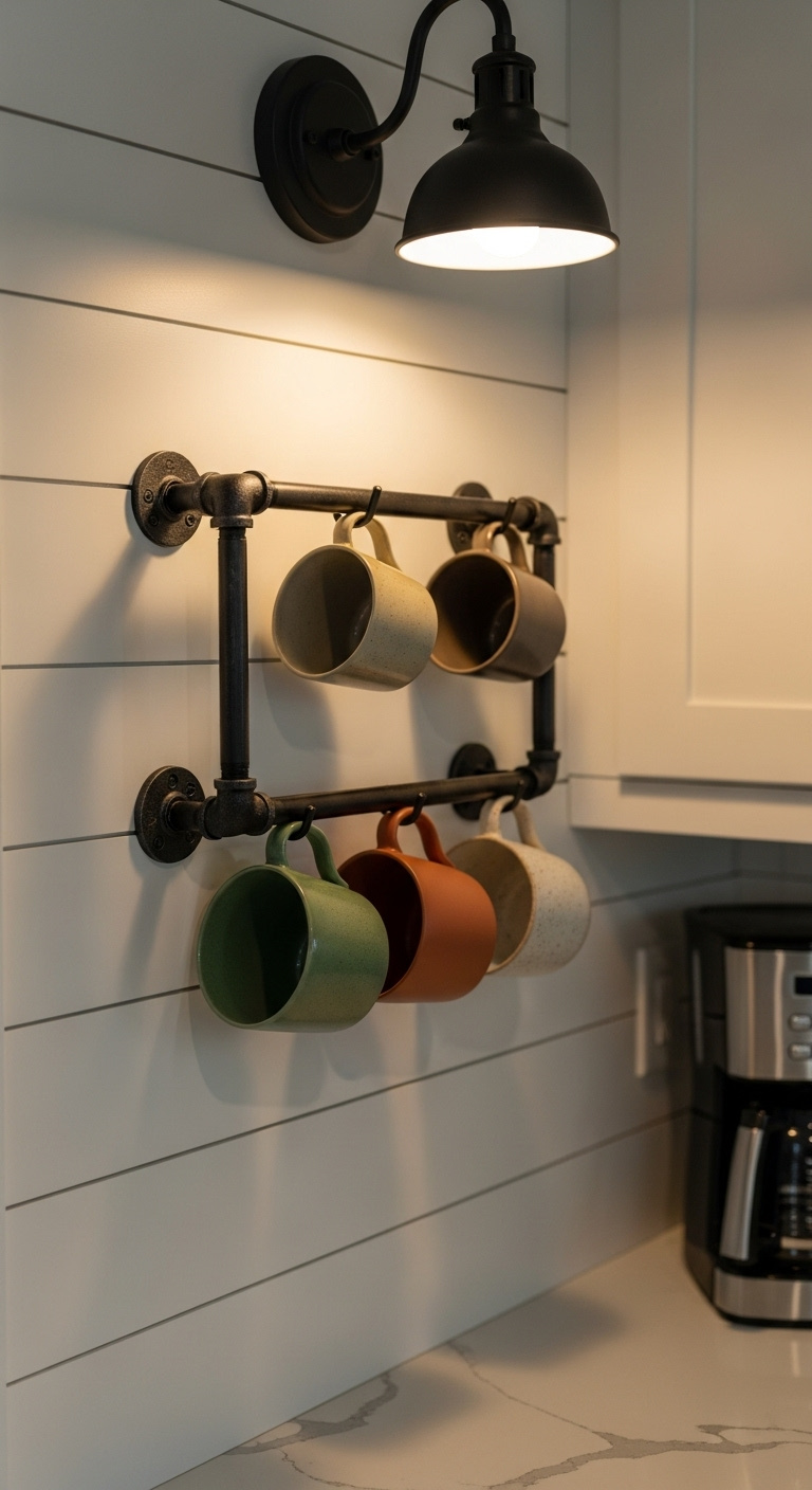 Simple industrial style black metal pipe rack mounted on a rustic shiplap wall holding colorful ceramic mugs