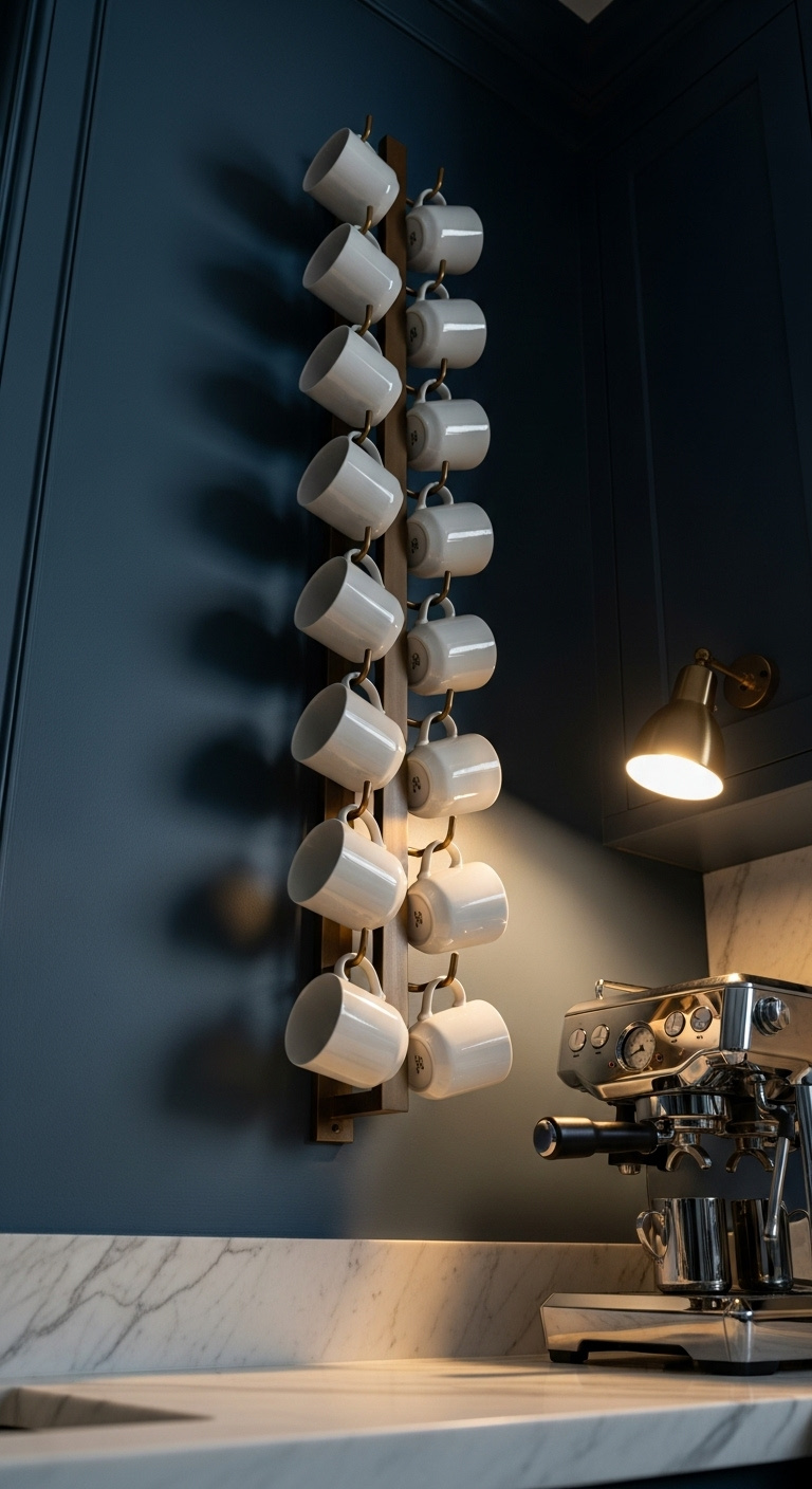 Sleek 6 tier vertical mug rack made of oil rubbed bronze metal filled with uniform white porcelain mugs