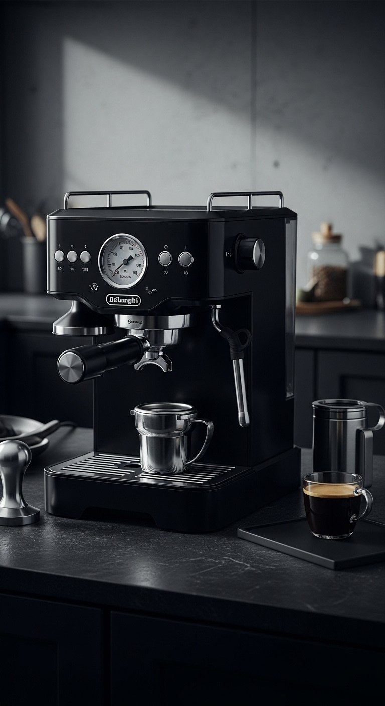 13 Pretty Espresso Machines That Look As Good As They Brew 7 Sleek black DeLonghi La Specialista Arte Evo espresso machine with pressure gauge and barista kit on a black slate countertop