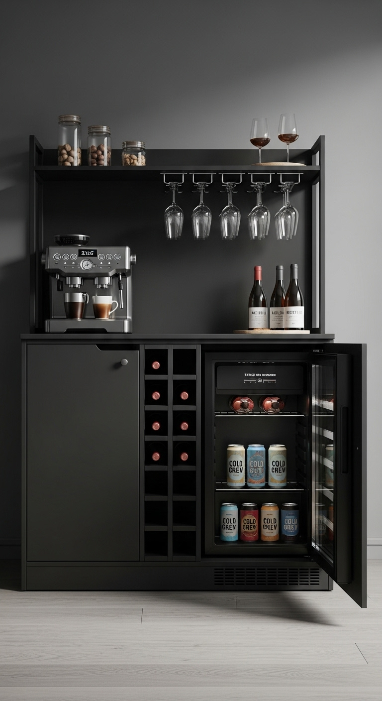 Sleek black all-in-one bar cabinet with mini fridge wine rack and high-tech coffee machine for compact modern spaces