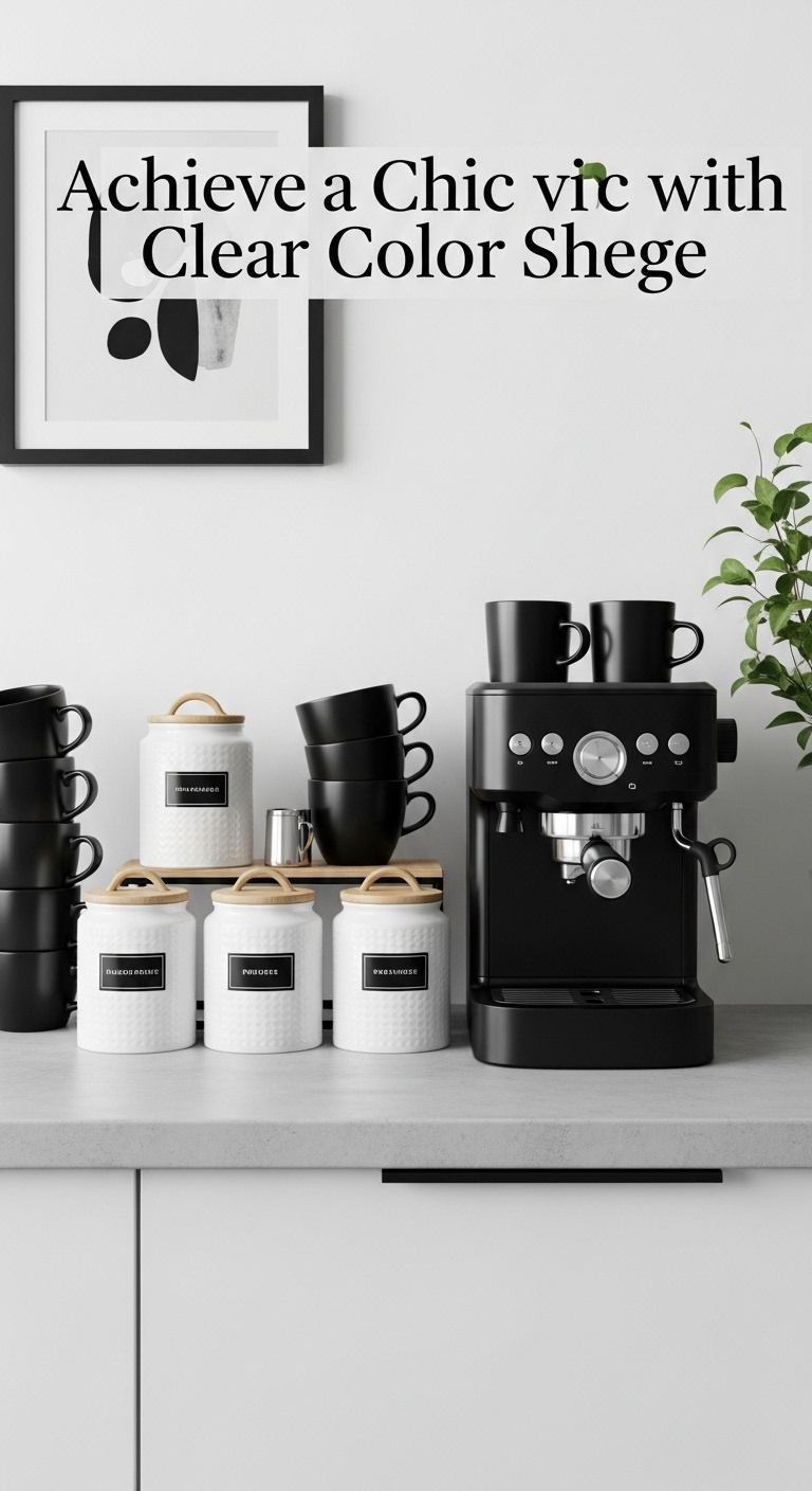 Sleek black and white coffee bar with matte black espresso machine white canisters black mugs and green plant