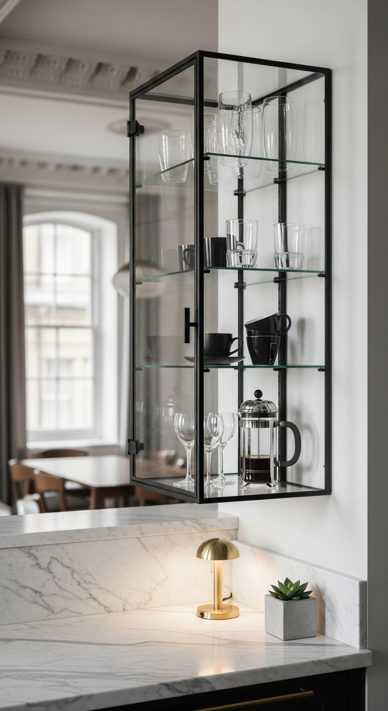 Sleek black coffee corner with cabinet espresso machine and stylish accessories