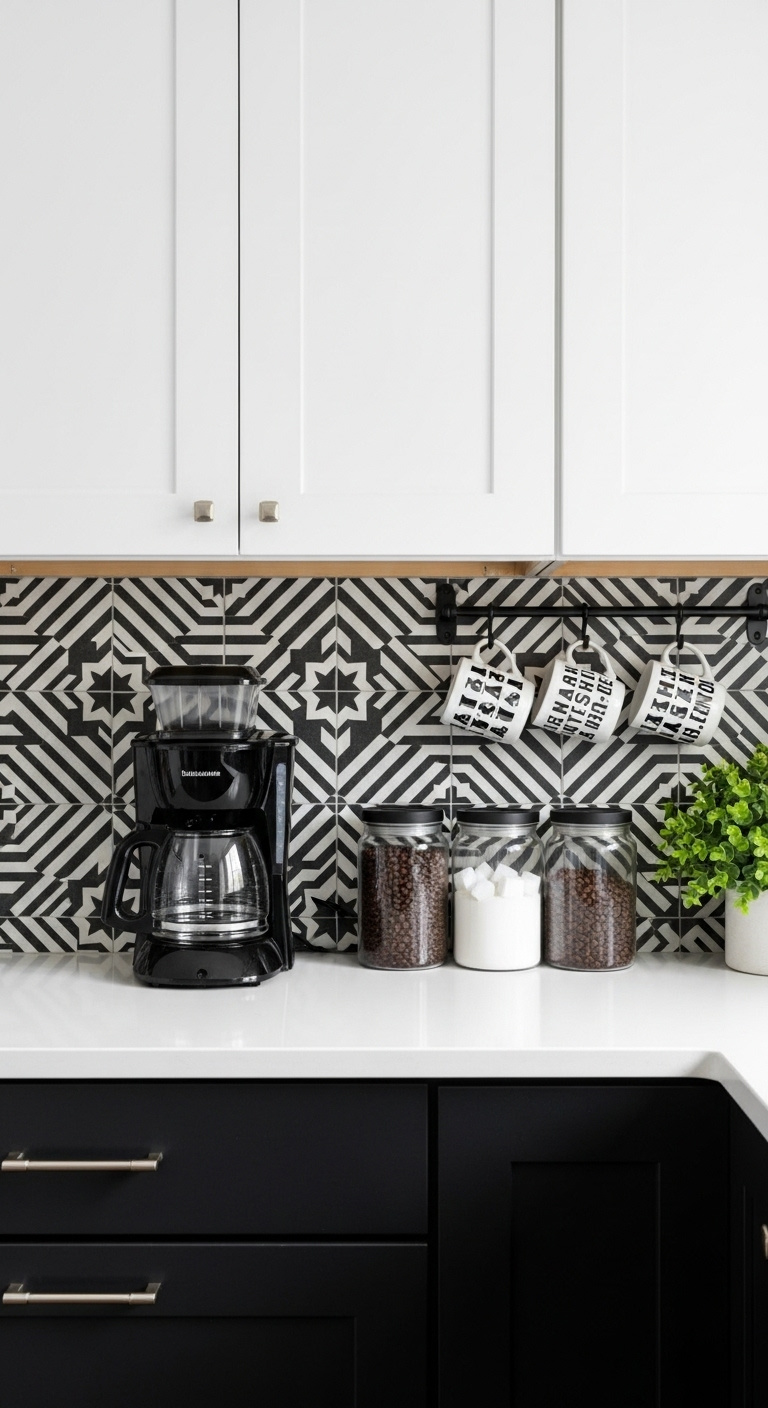 Sleek black coffee corner with matte cabinet wood top and espresso machine