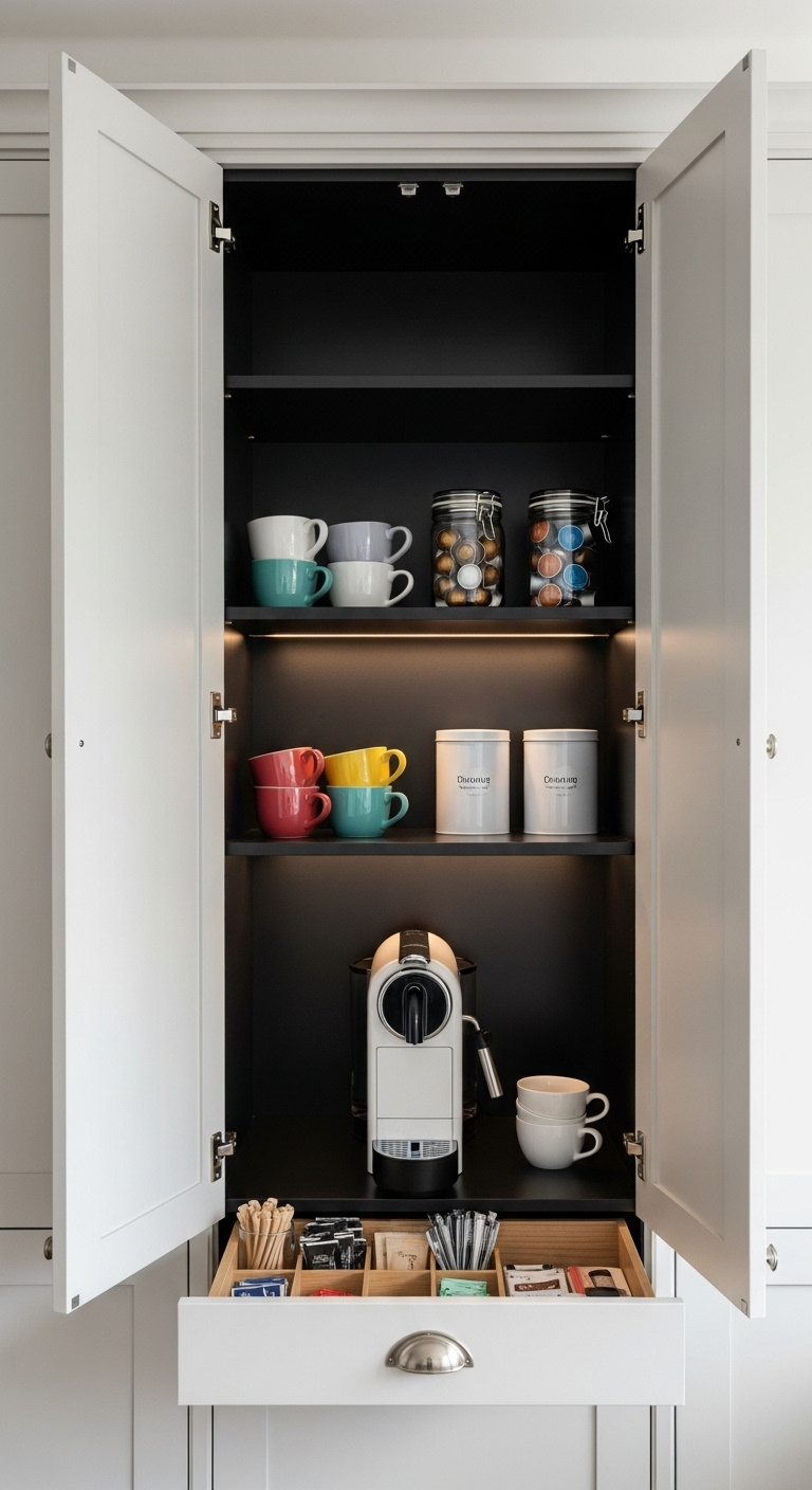 Sleek black coffee corner with matte cabinet wood top espresso machine and marble backsplash
