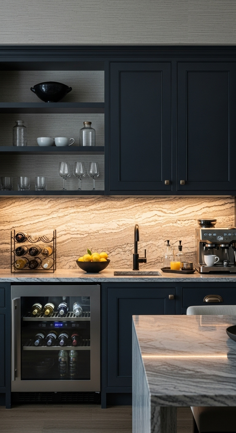 Sleek black coffee corner with matte cabinet wood top espresso machine and marble backsplash