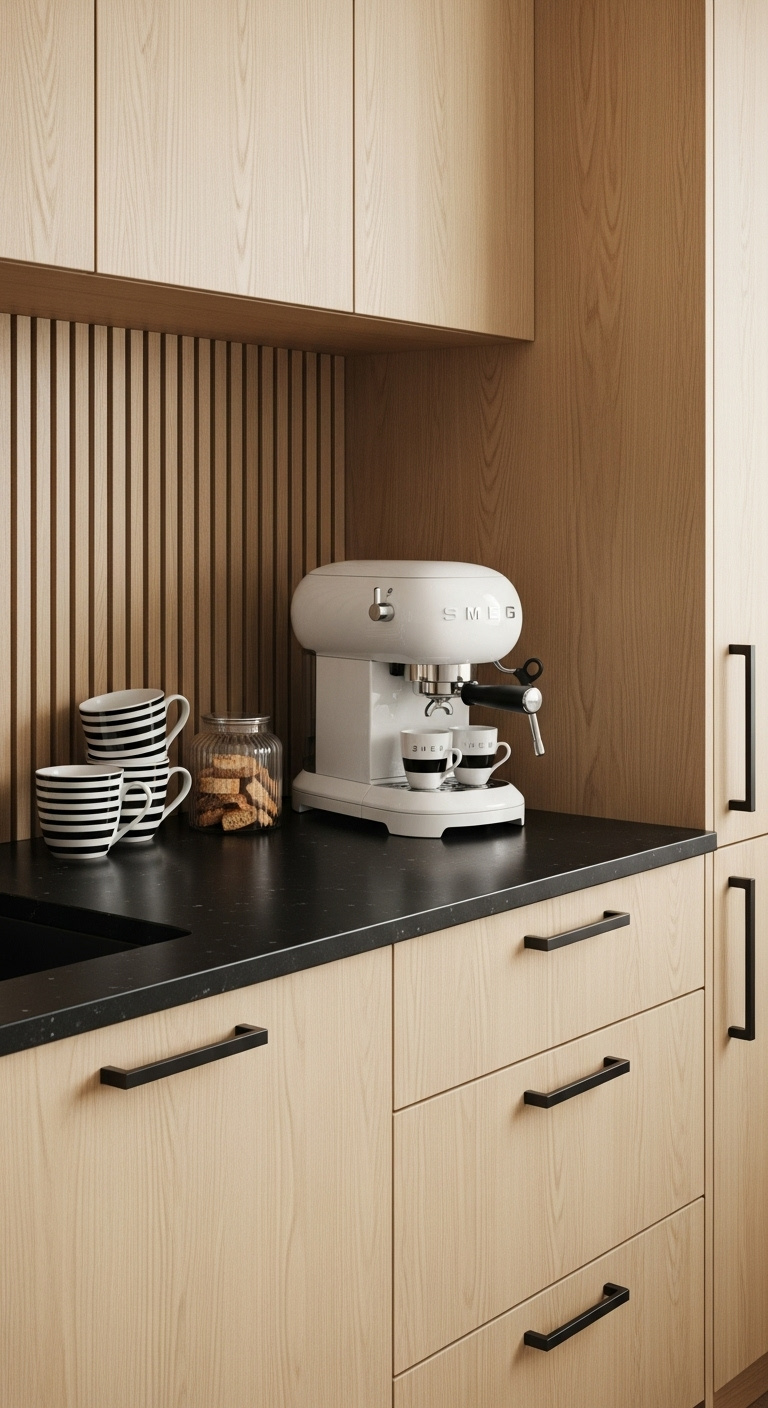 Sleek black coffee corner with matte cabinet wood top espresso machine and marble