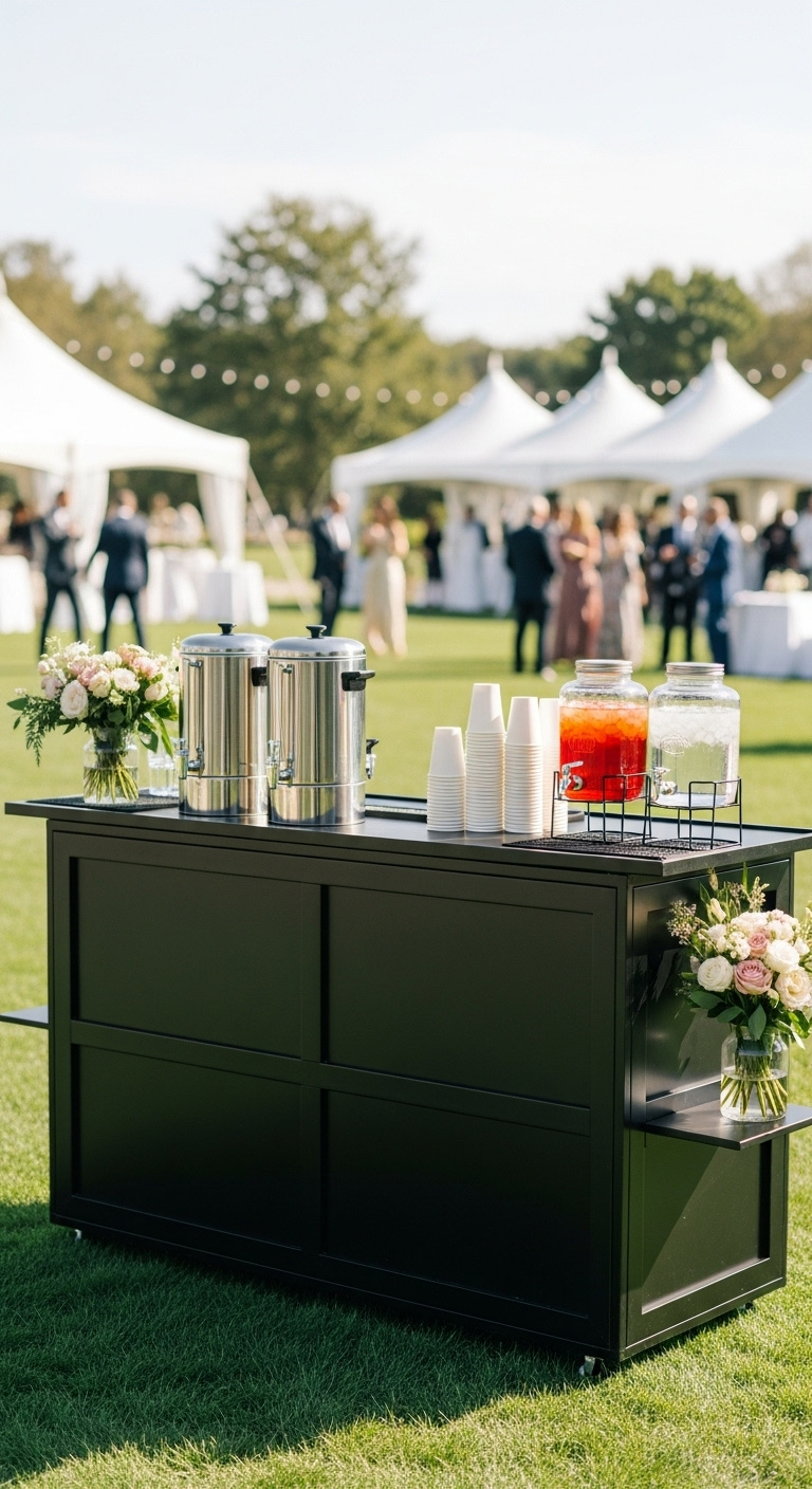 Sleek black foldable bar system set up at an outdoor wedding reception with coffee air