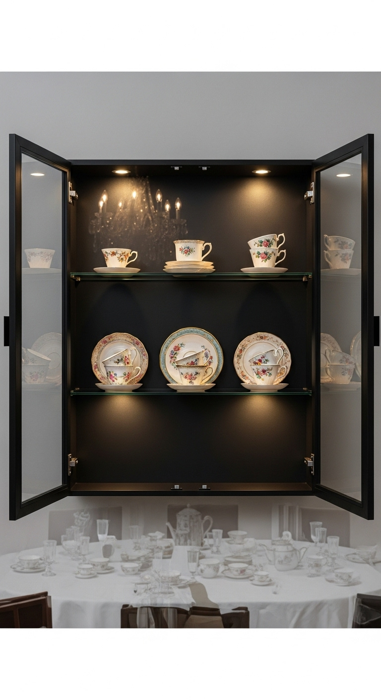 Sleek black framed wall cabinet with glass doors showcasing delicate vintage floral teacups illuminated by LED lights