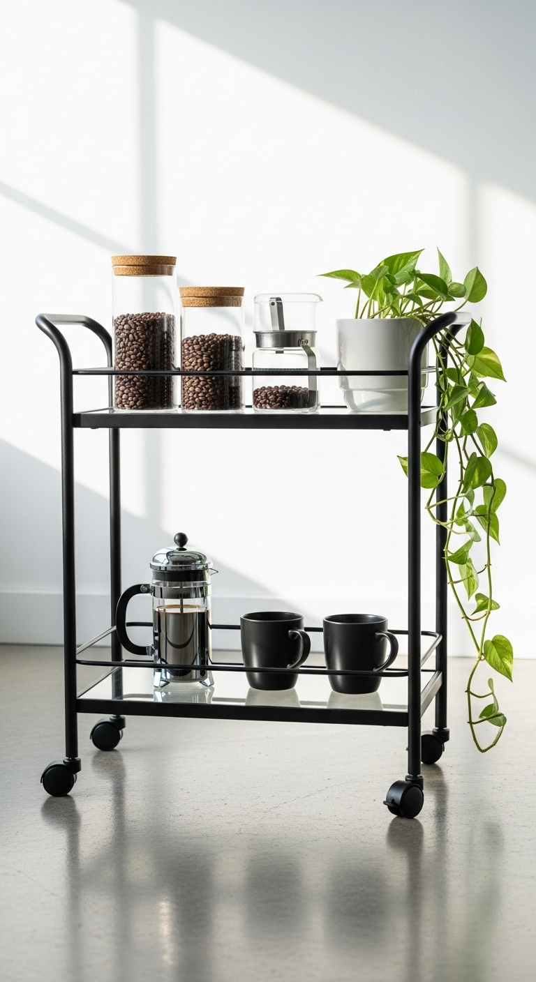 Sleek black metal and glass rolling bar cart styled as a minimalist coffee station with French press mugs and coffee beans
