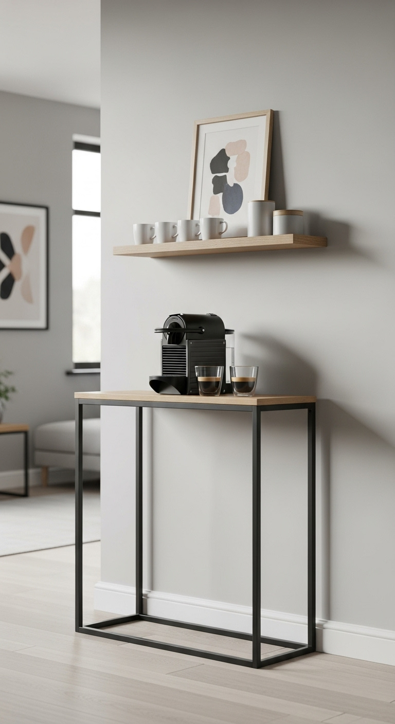 Sleek black metal console table with a light wood top as a minimalist coffee nook with a Nespresso machine and glass cups