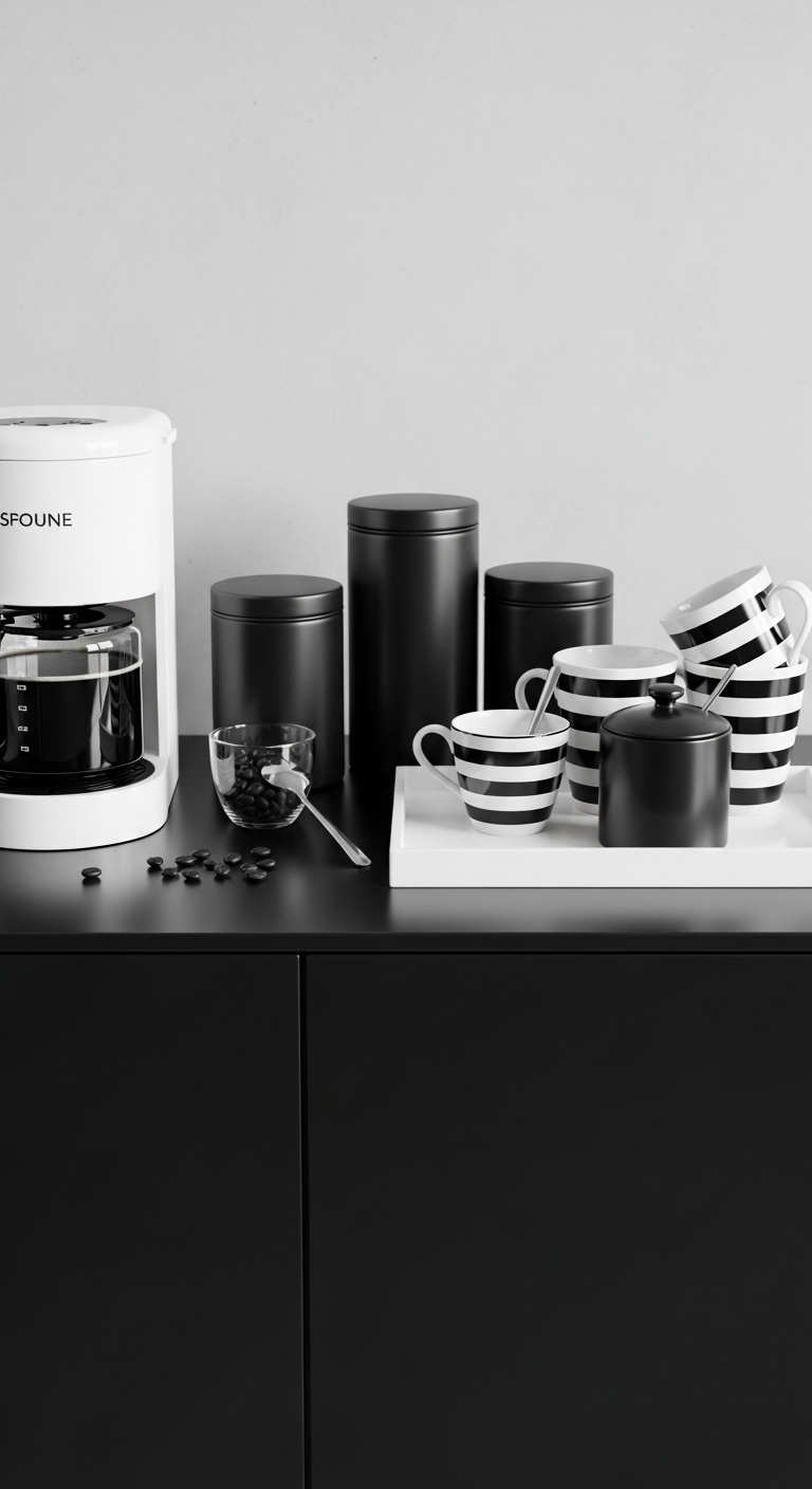 Sleek black sideboard with a minimalist black and white coffee bar setup including a white coffee maker and striped mugs