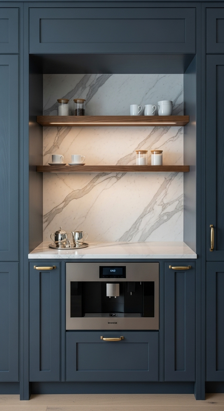 Sleek built-in coffee nook with navy shaker cabinets marble counter espresso machine and walnut floating shelves