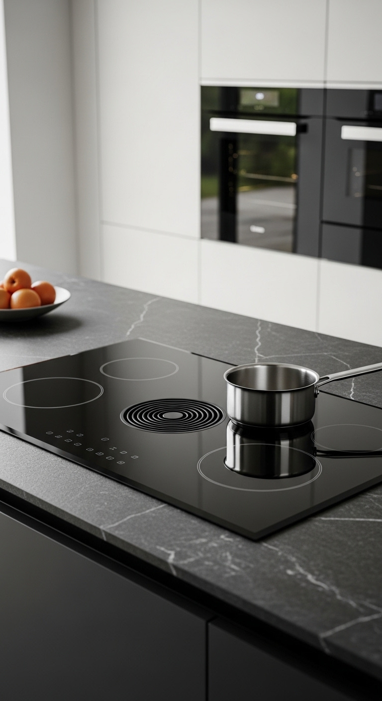 Sleek built-in induction cooktop flush with dark grey soapstone countertop showing minimalist burner markings and a stainless steel saucepan