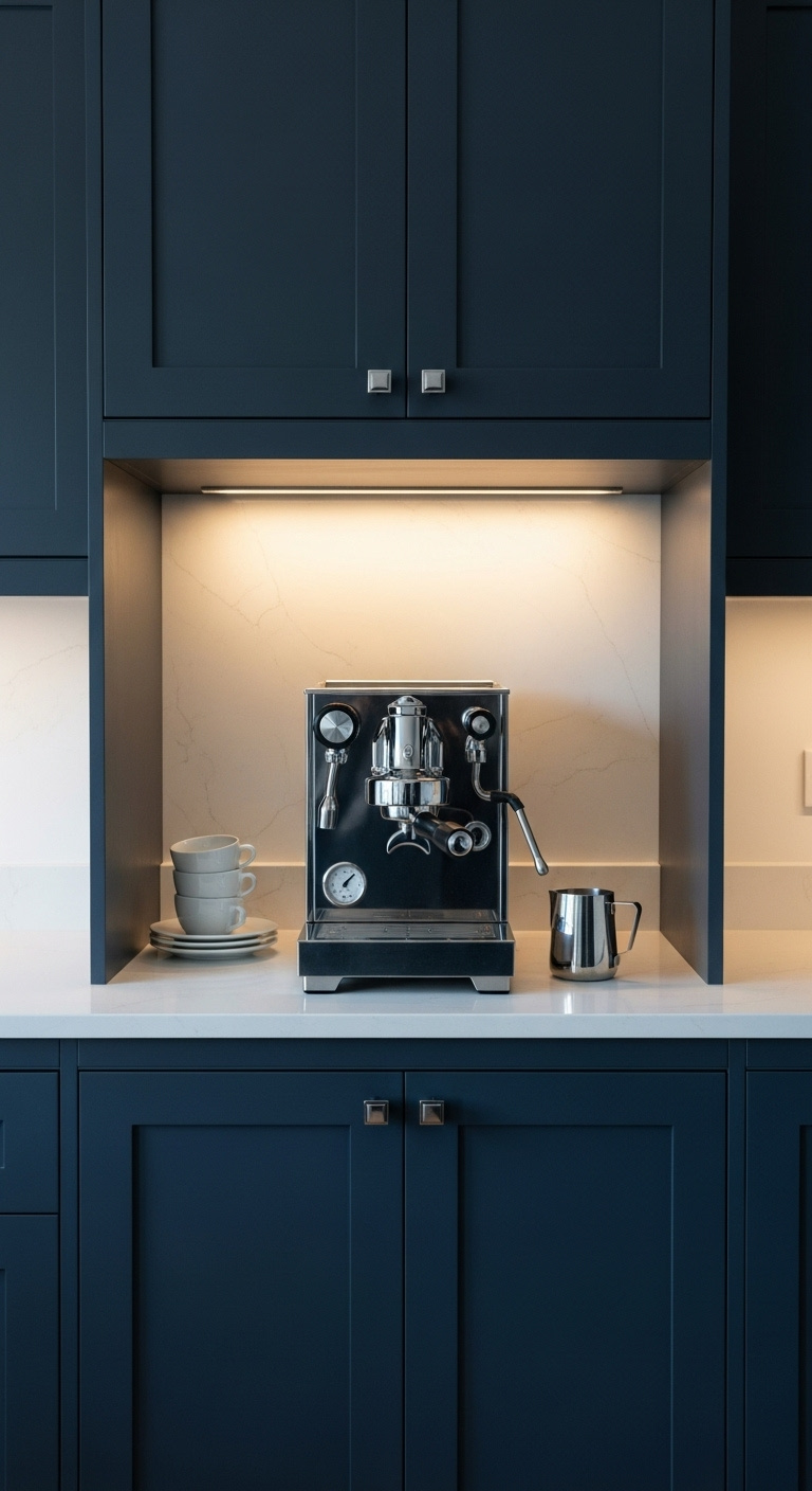 Sleek built-in modern coffee bar with espresso machine in navy kitchen cabinets and white quartz countertop under warm LED lighting