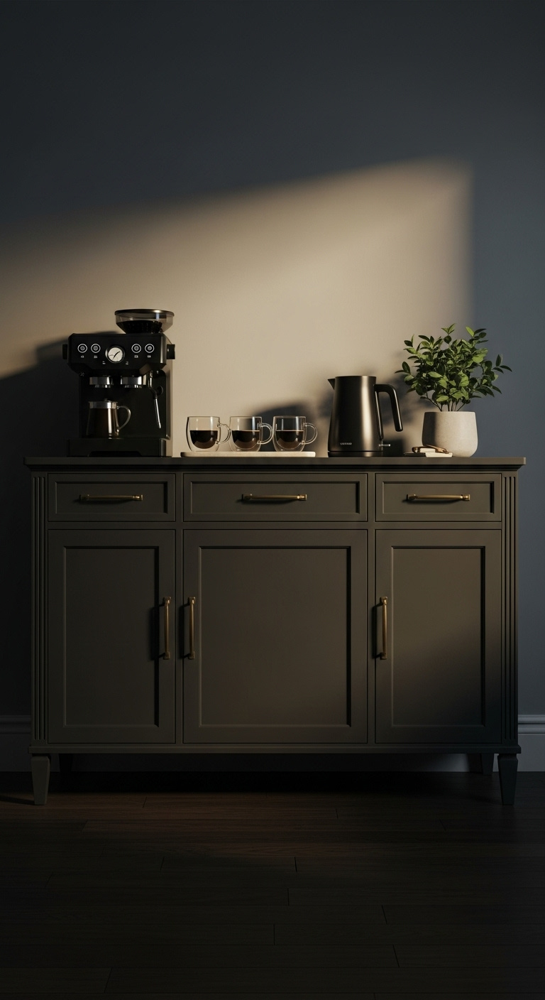 Sleek china cabinet painted deep matte charcoal gray with brass pulls transformed into a modern moody coffee bar