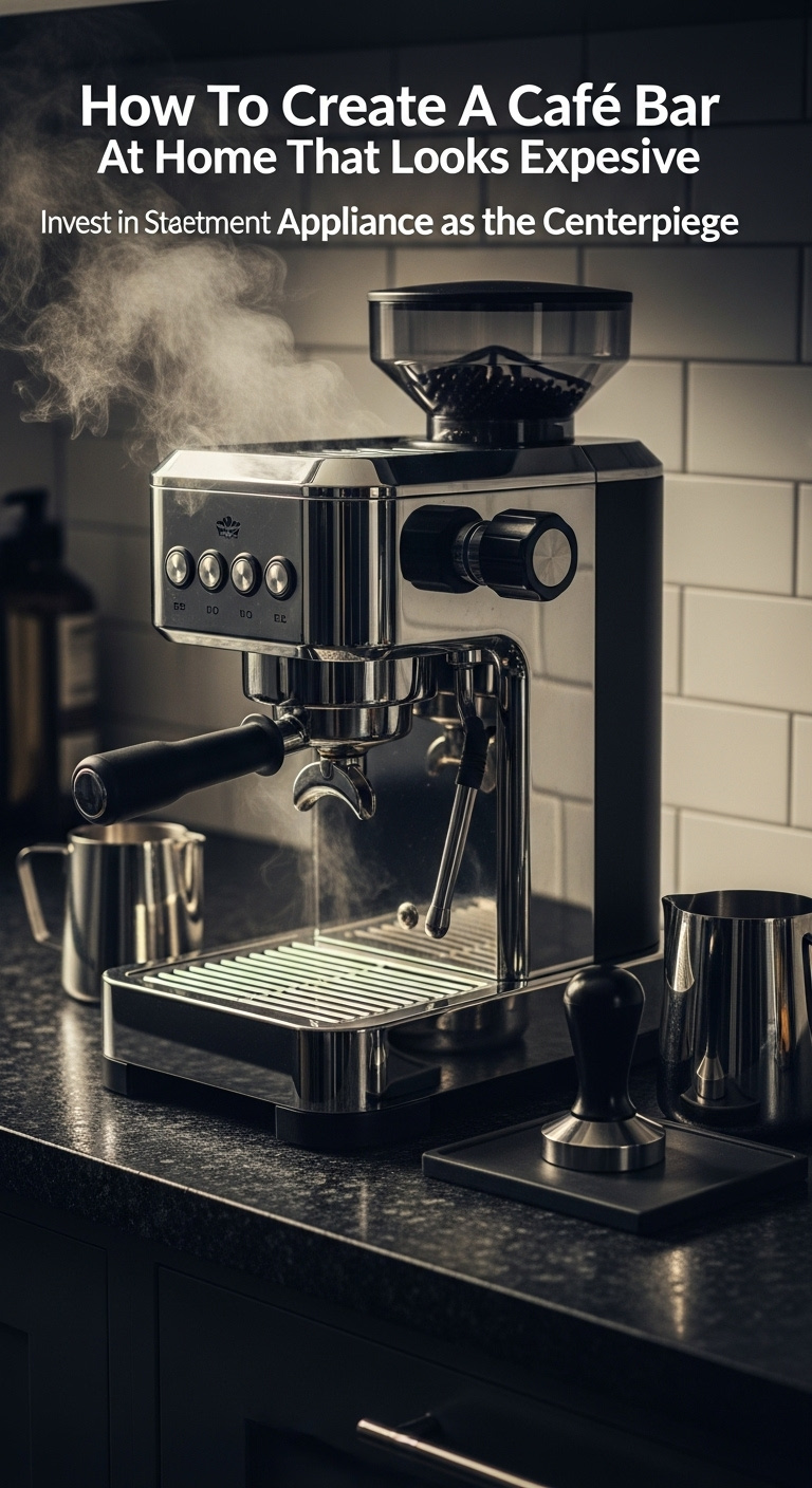 Sleek chrome and matte black espresso machine with steam rising, on a dark granite countertop with a milk pitcher and tamper