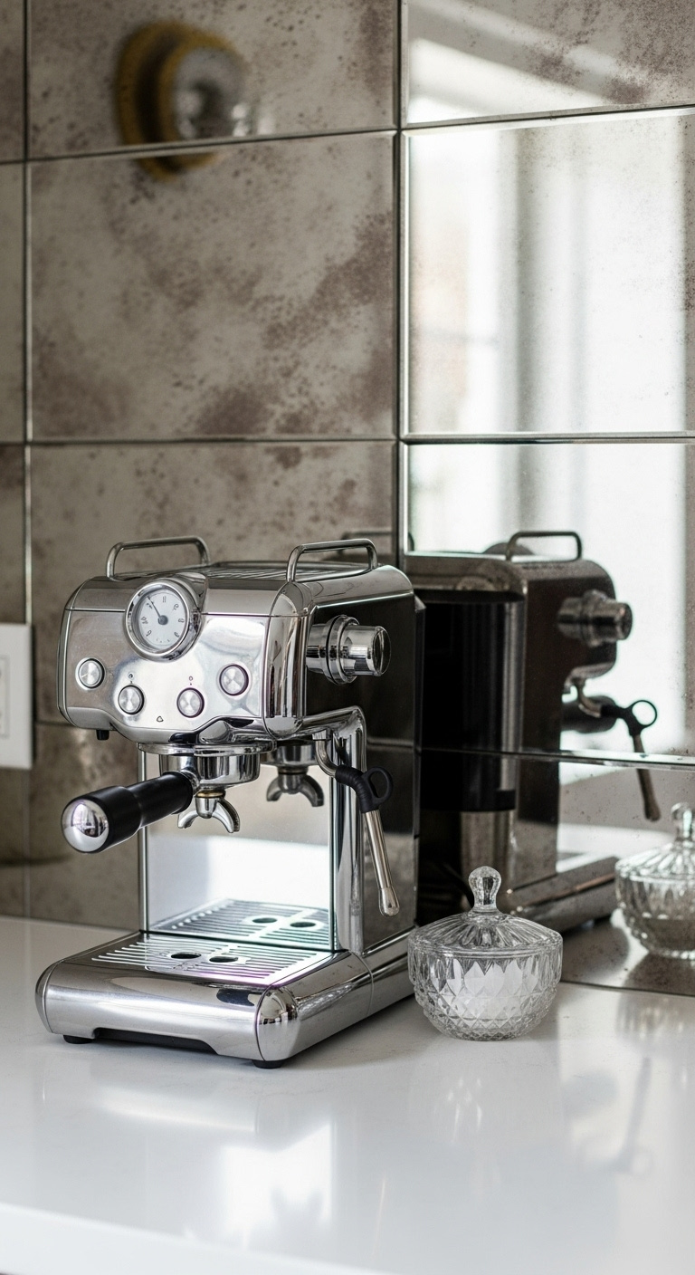 Sleek chrome espresso machine on a white countertop with a glamorous antiqued mirror tile backsplash reflecting a crystal sugar bowl