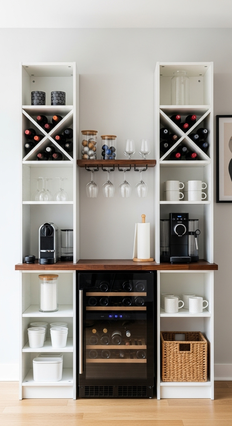 Sleek coffee bar with built in wine cooler and espresso machine
