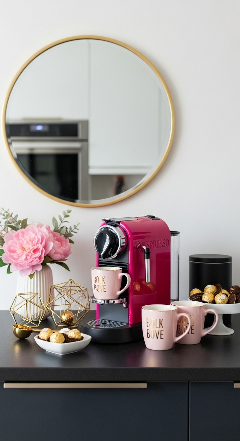 Sleek coffee station with a hot pink Nespresso machine gold ornaments and pink mugs on a charcoal gray countertop