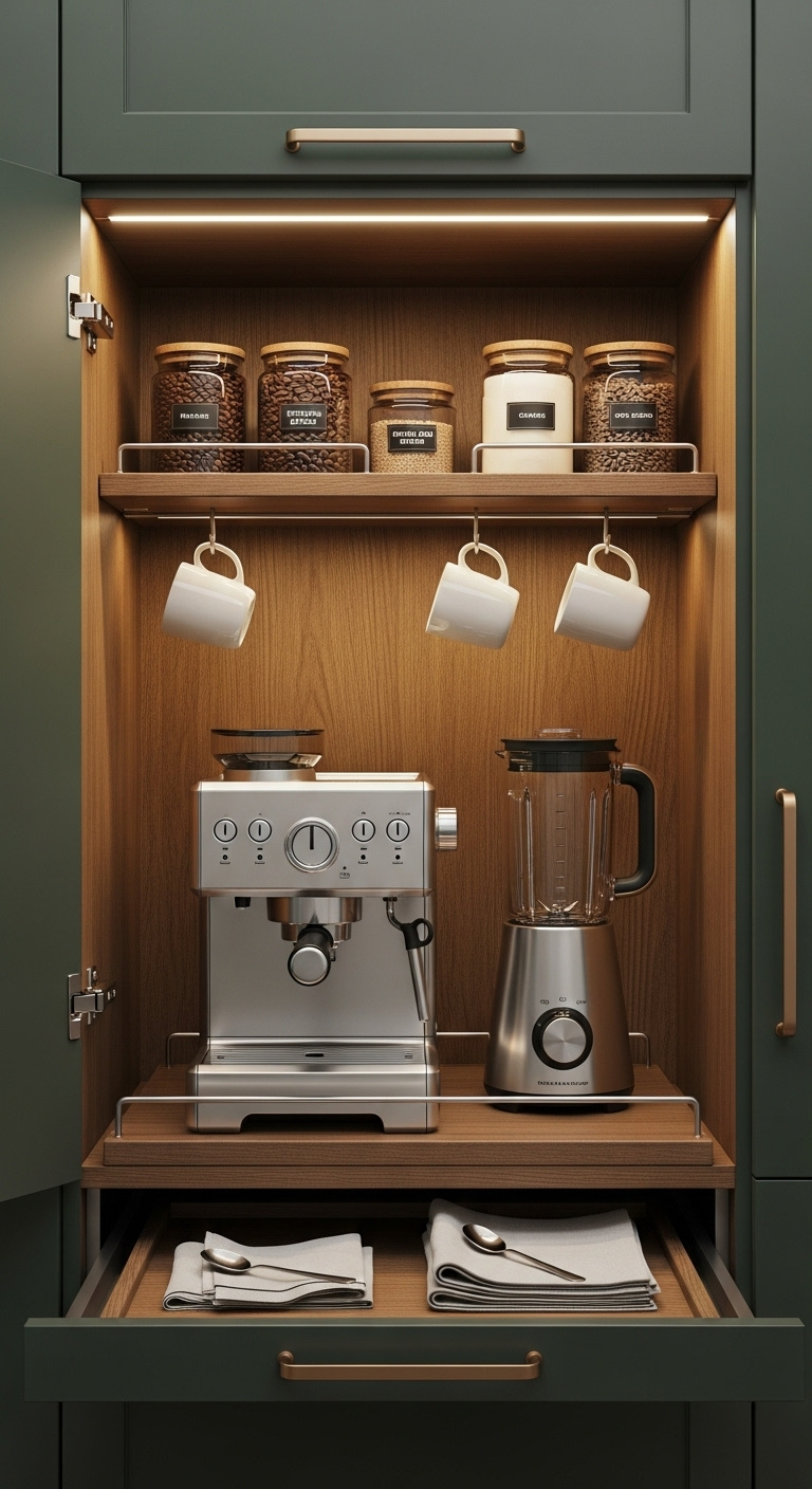 Sleek dark green kitchen cabinet converted into a hidden coffee and juice bar with espresso machine, blender, labeled jars, and hanging mugs, illuminated by LED light