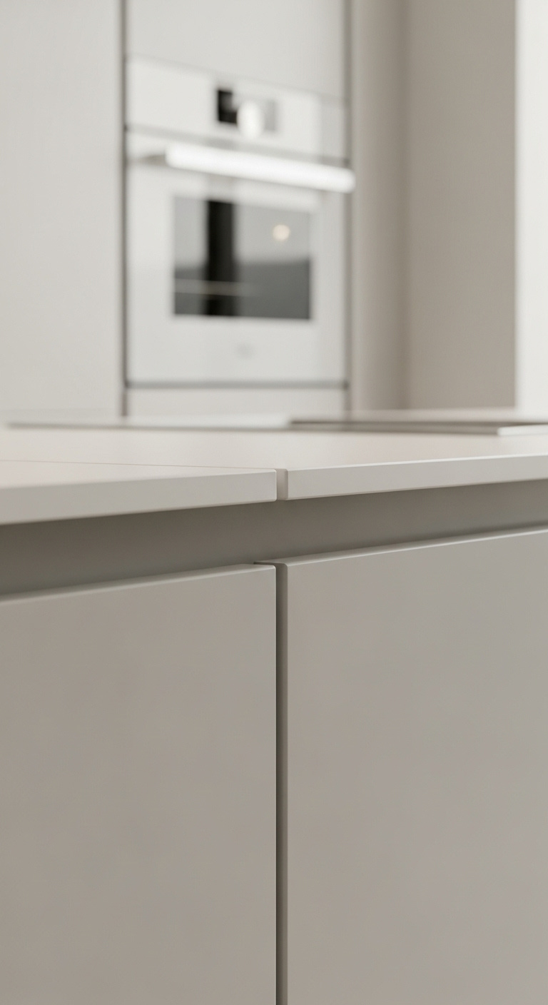 Sleek handleless flat-panel kitchen cabinet door in matte off-white showcasing clean lines and minimalist construction in a high-end kitchen